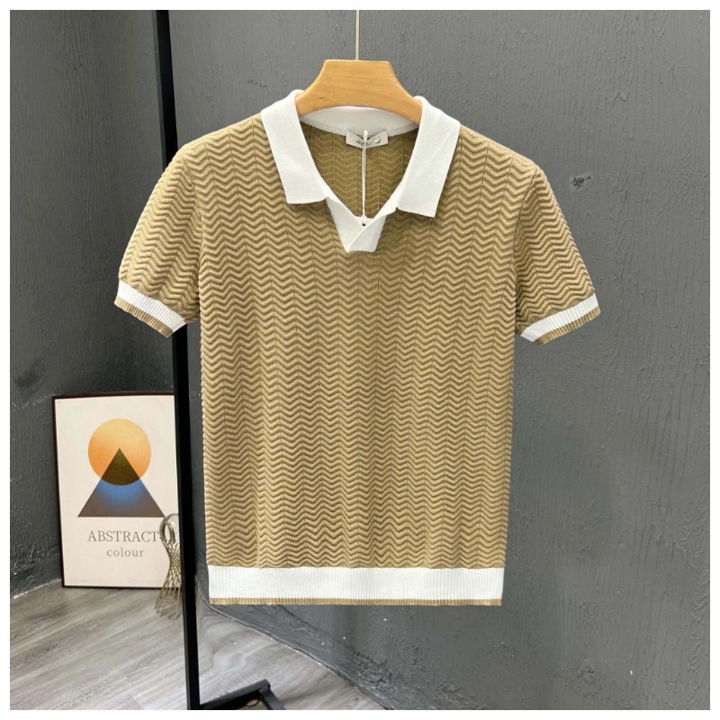 Férfi rövid ujjú polo vékony ice silk kötött anyagból, színblokkolt kivitel, polo gallér, nyári casual stílus