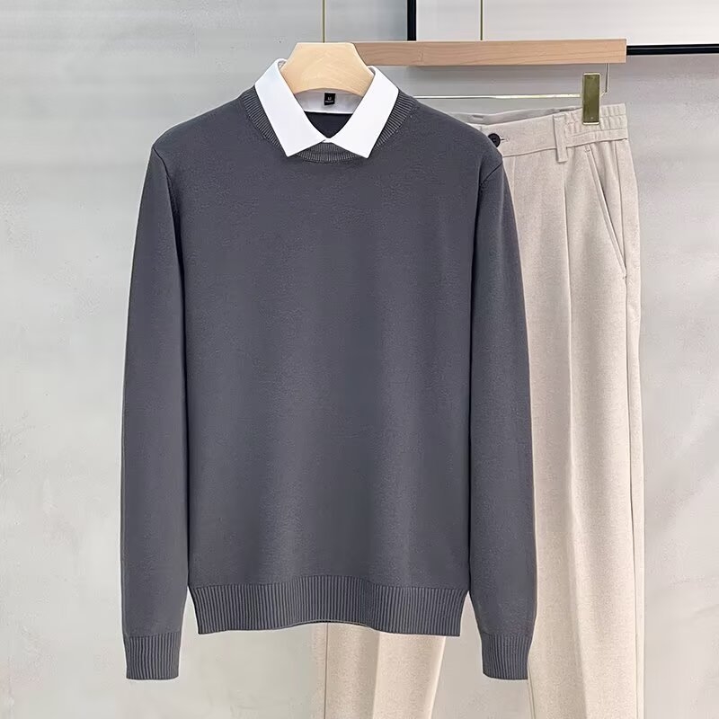 Férfi vékony szabású kötött pulóver galléros, koreai stílus, kontrasztos színek, üzleti-casual