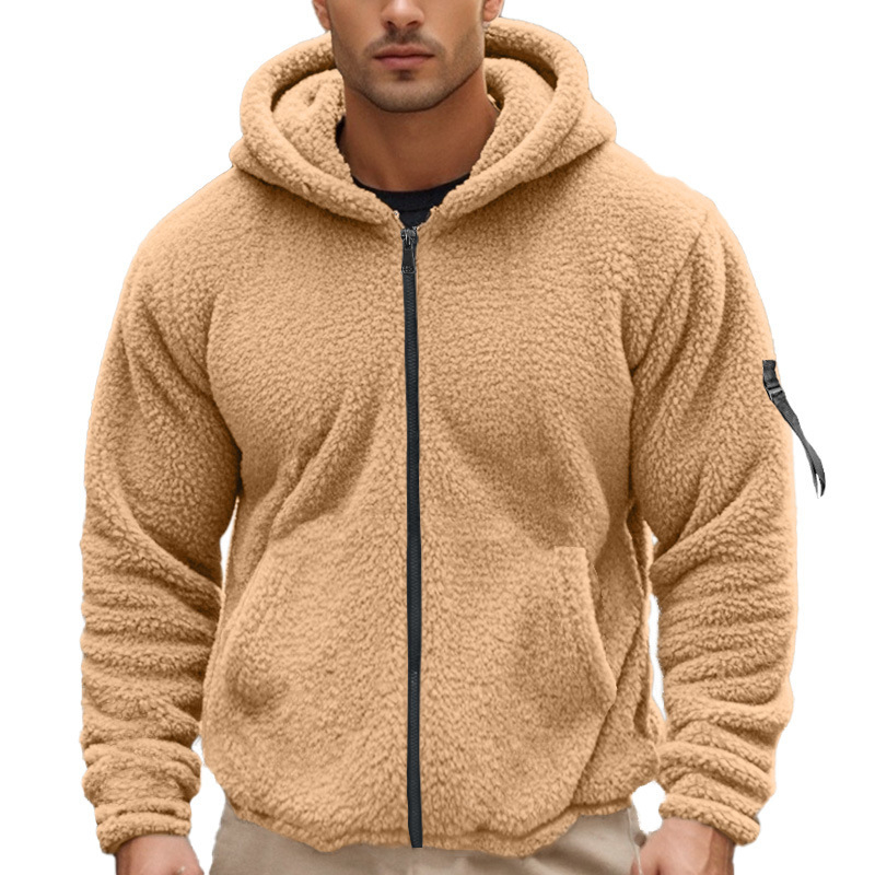 Férfiaknak kétoldalas polár fleece kapucnis dzseki, lazán szabott, cipzáros, egyszínű, téli