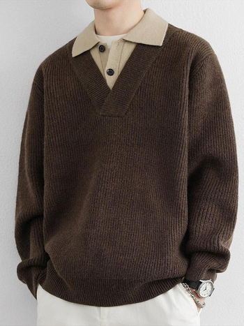 Férfiaknak készült amerikai retro polo nyakú pulóver, őszi–téli trend, lazán kötött, Old Money stílusú dzseki, hamis kétszintes megjelenés