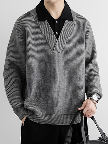 Férfiaknak készült amerikai retro polo nyakú pulóver, őszi–téli trend, lazán kötött, Old Money stílusú dzseki, hamis kétszintes megjelenés