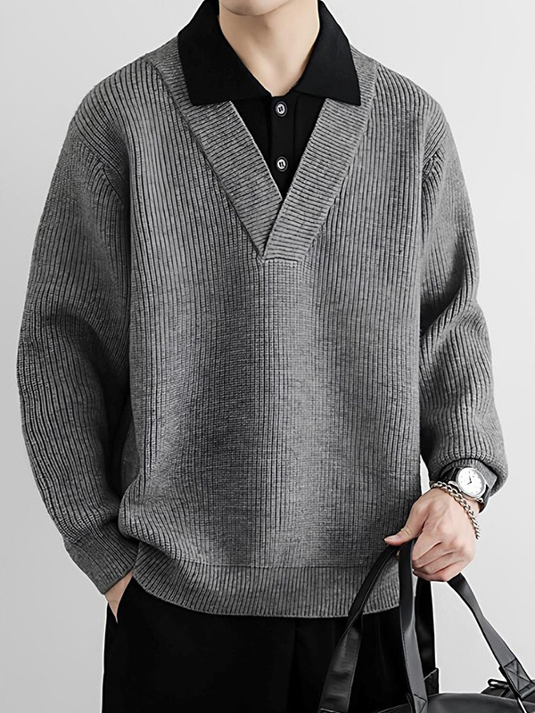 Férfiaknak készült amerikai retro polo nyakú pulóver, őszi–téli trend, lazán kötött, Old Money stílusú dzseki, hamis kétszintes megjelenés