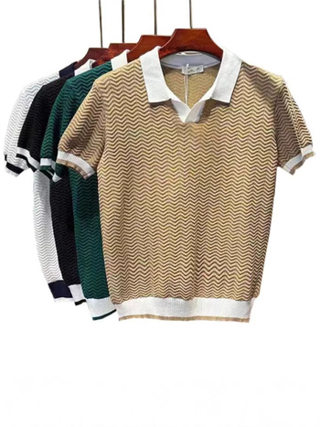 Férfi kötött polo felső nyárra, színblokkokkal és jacquard mintával, gallérral, rövid ujjú, hétköznapi viselet