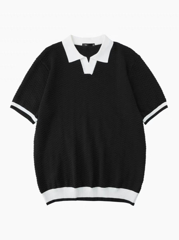 Férfi kötött polo felső nyárra, színblokkokkal és jacquard mintával, gallérral, rövid ujjú, hétköznapi viselet