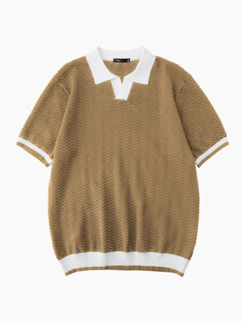 Férfi kötött polo felső nyárra, színblokkokkal és jacquard mintával, gallérral, rövid ujjú, hétköznapi viselet