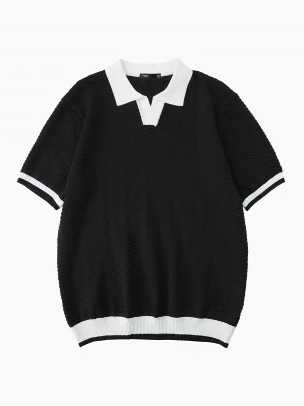 Férfi kötött polo felső nyárra, színblokkokkal és jacquard mintával, gallérral, rövid ujjú, hétköznapi viselet