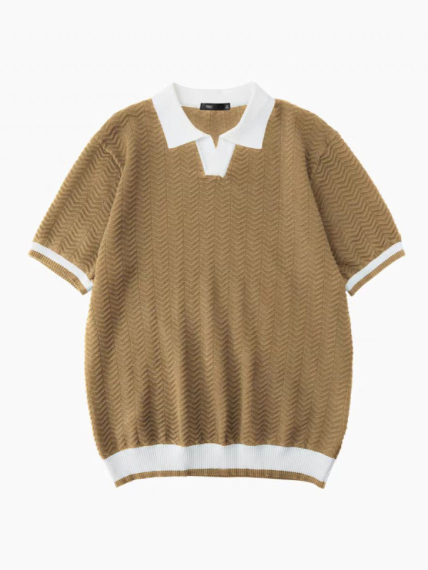 Férfi kötött polo felső nyárra, színblokkokkal és jacquard mintával, gallérral, rövid ujjú, hétköznapi viselet