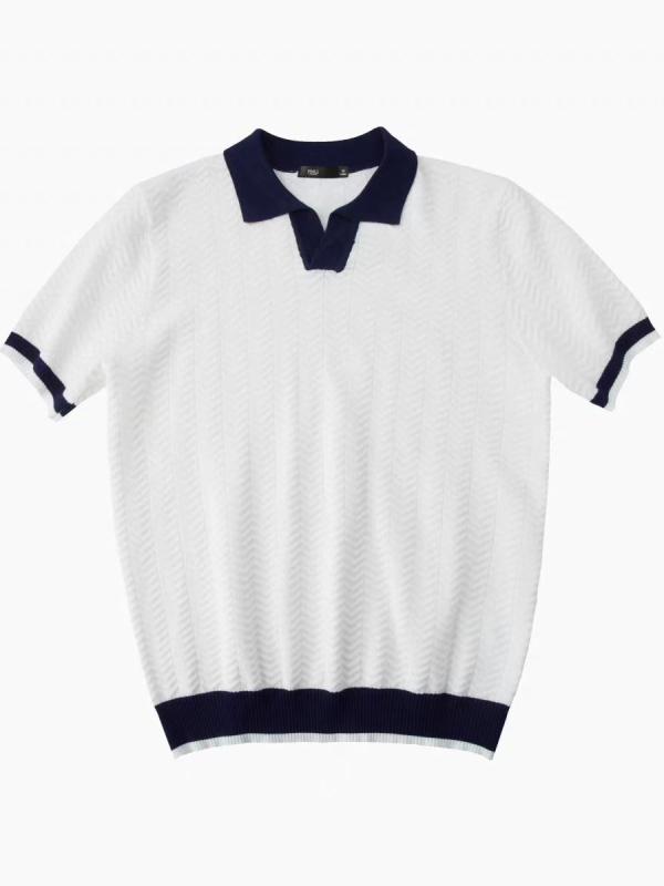 Férfi kötött polo felső nyárra, színblokkokkal és jacquard mintával, gallérral, rövid ujjú, hétköznapi viselet