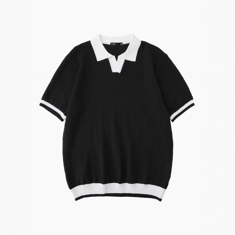 Férfi kötött polo felső nyárra, színblokkokkal és jacquard mintával, gallérral, rövid ujjú, hétköznapi viselet