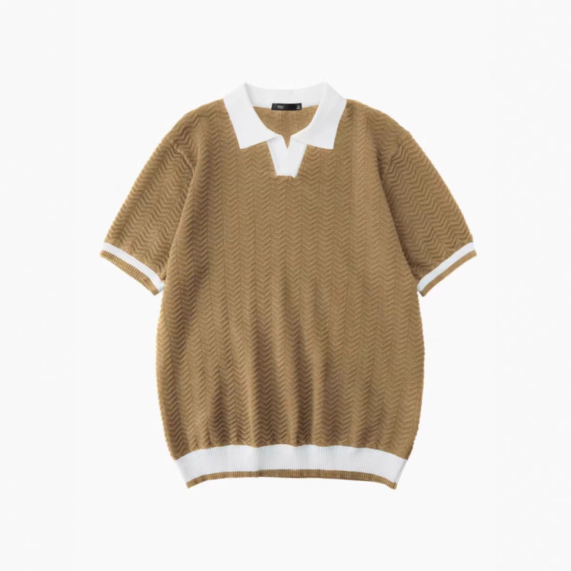 Férfi kötött polo felső nyárra, színblokkokkal és jacquard mintával, gallérral, rövid ujjú, hétköznapi viselet