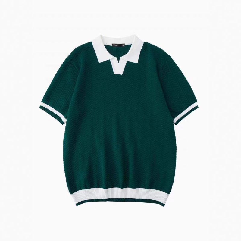 Férfi kötött polo felső nyárra, színblokkokkal és jacquard mintával, gallérral, rövid ujjú, hétköznapi viselet