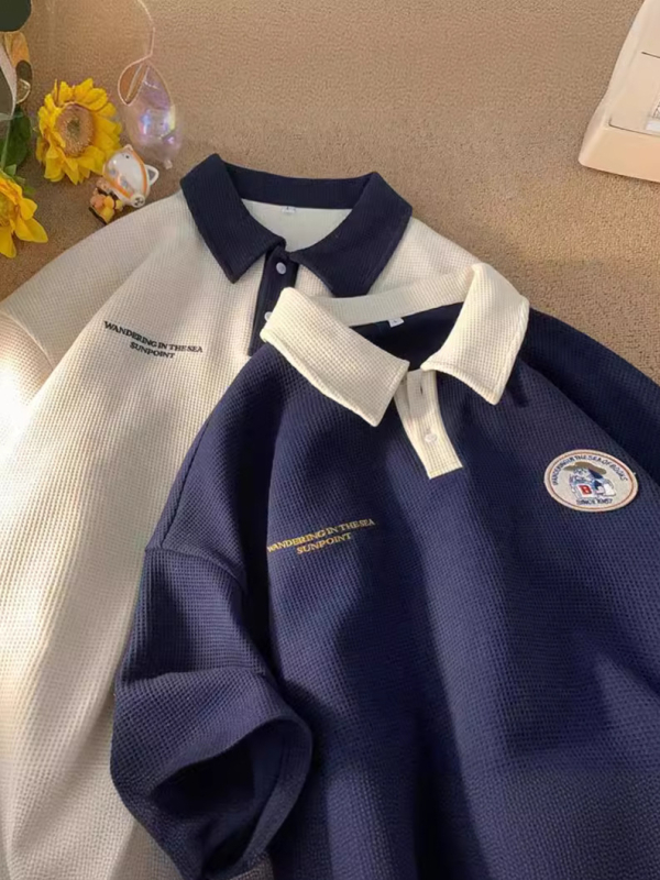 Amerikai stílusú waffel mintázat polo nyakú rövid ujjú férfi póló, nyár, egyetemi stílus, japán streetwear márka, sokoldalú laza szabású felső pároknak