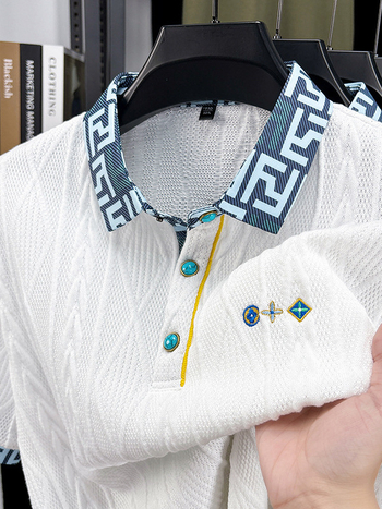 Muška pletene polo majica kratkih rukava, jacquard uzorak, polo ovratnik, slobodan kroj, prozračan ljetni komad