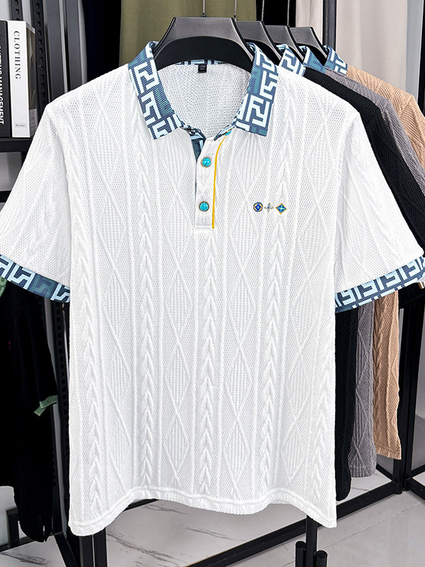Muška pletene polo majica kratkih rukava, jacquard uzorak, polo ovratnik, slobodan kroj, prozračan ljetni komad