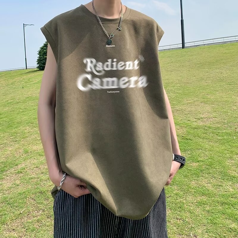 Amerikai retro ujjatlan mellény Hongkong-stílusú betűs nyomtatással, oversized, művelúr