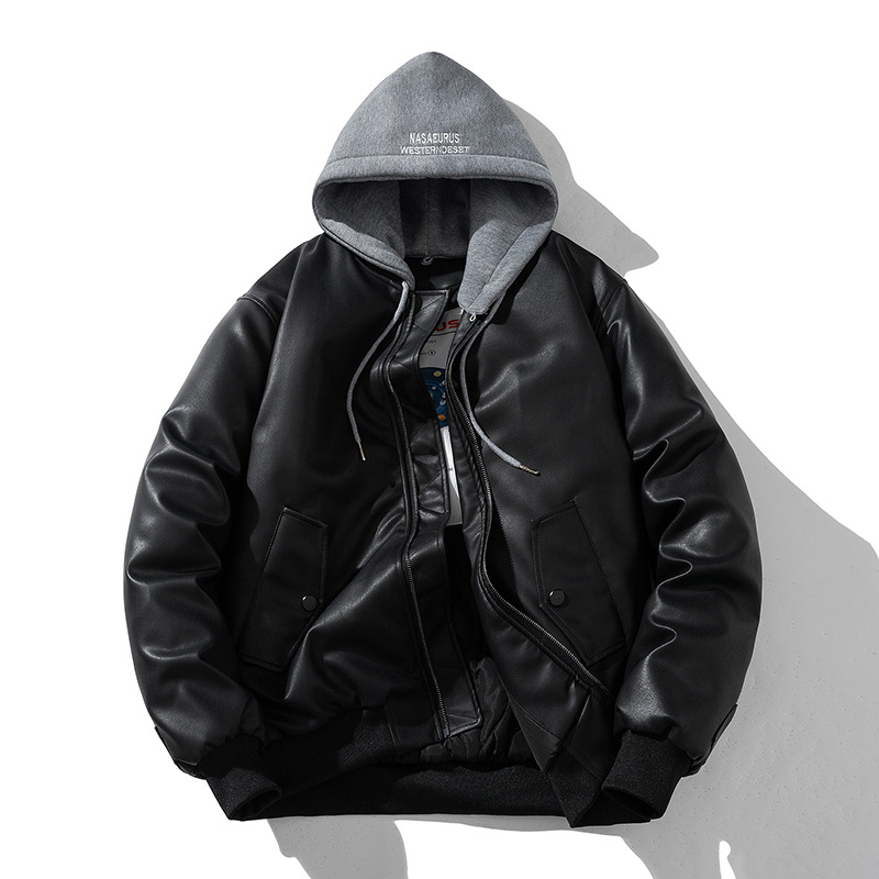Férfi koreai stílusú slim-fit PU bőrdzseki, bikerr dizájn, pamuttal bélelt, álló gallérral
