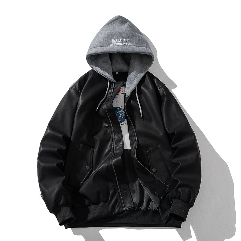 Férfi koreai stílusú slim-fit PU bőrdzseki, bikerr dizájn, pamuttal bélelt, álló gallérral