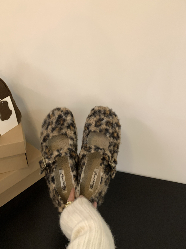 Pantofi Mary Jane Leopard pentru femei, în stil franțuzesc retro, cu căptușeală plușată și talpă moale, balet