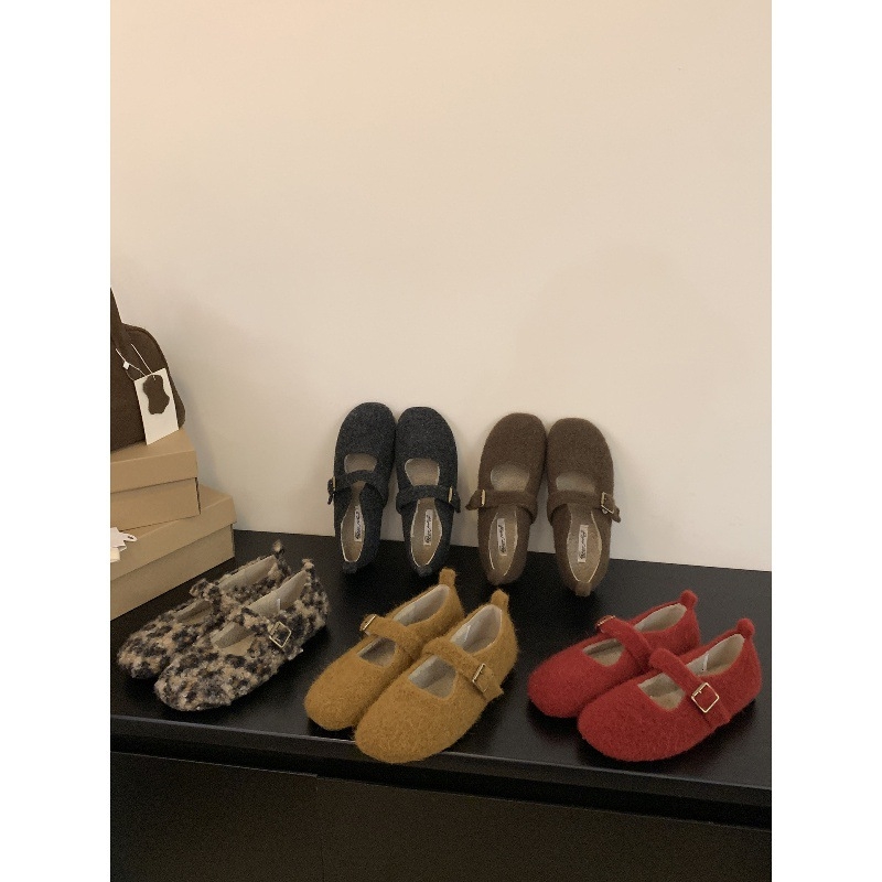 Pantofi Mary Jane Leopard pentru femei, în stil franțuzesc retro, cu căptușeală plușată și talpă moale, balet