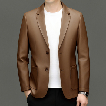 Geacă de piele PU pentru bărbați, cu guler de sacou, uni, toamna 2025, stil business casual