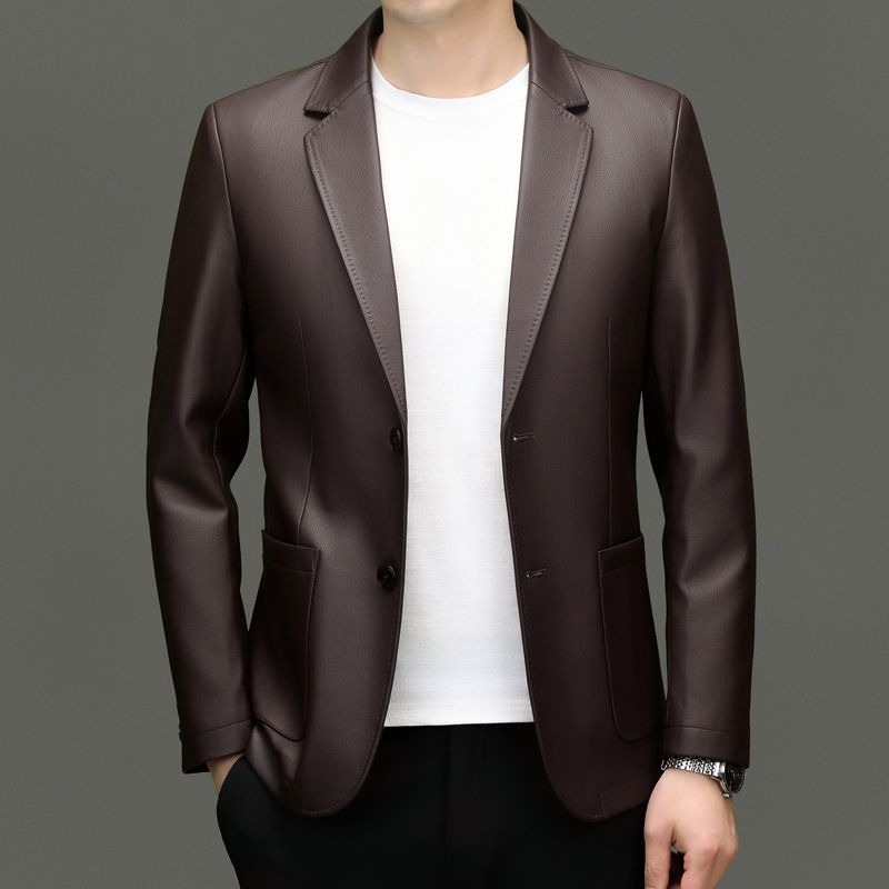 Geacă de piele PU pentru bărbați, cu guler de sacou, uni, toamna 2025, stil business casual