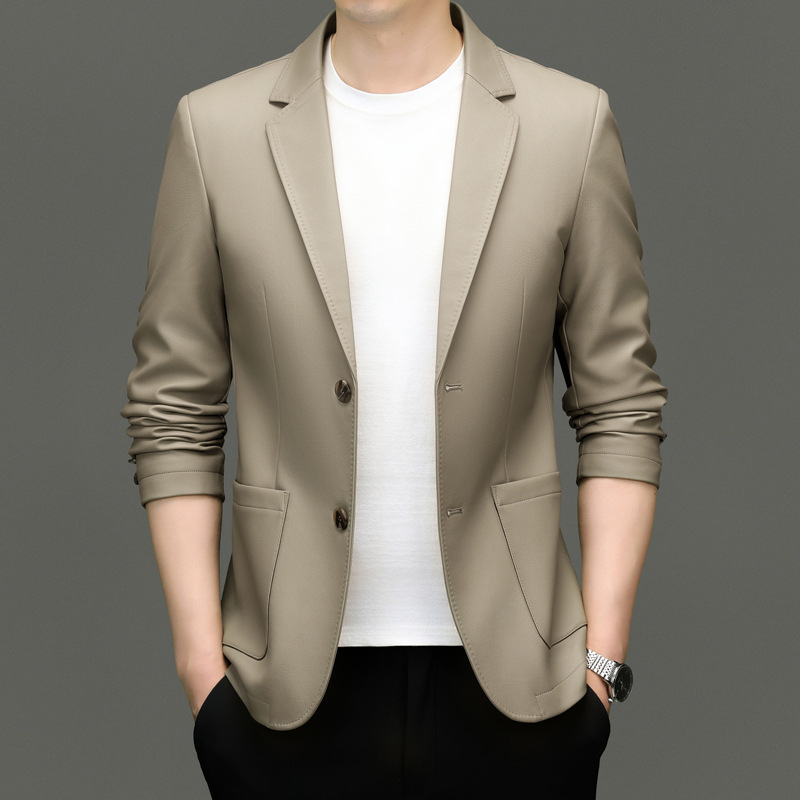 Geacă de piele PU pentru bărbați, cu guler de sacou, uni, toamna 2025, stil business casual