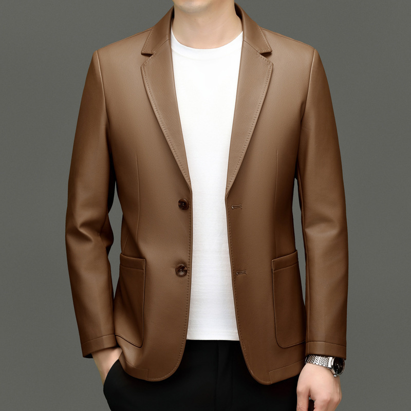 Geacă de piele PU pentru bărbați, cu guler de sacou, uni, toamna 2025, stil business casual