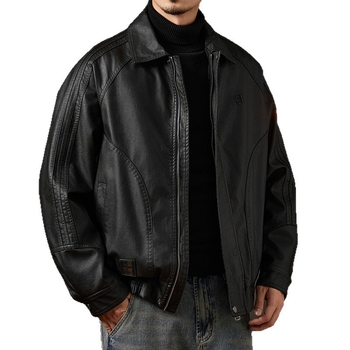 Férfi PU bőrkabát amerikai retro motorkerékpár-stílusban fleece-béléssel, téli meleg, gallér, cipzár, oldalsó zsebek
