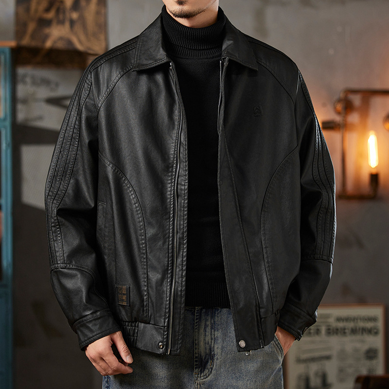 Férfi PU bőrkabát amerikai retro motorkerékpár-stílusban fleece-béléssel, téli meleg, gallér, cipzár, oldalsó zsebek