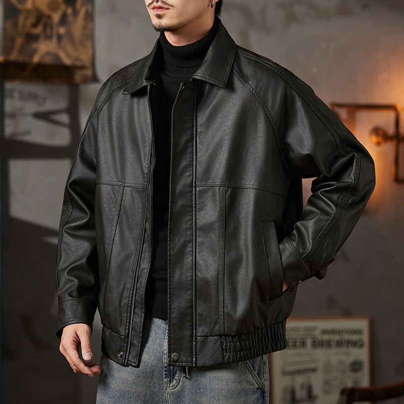 Férfi PU bőrkabát amerikai retro motorkerékpár-stílusban fleece-béléssel, téli meleg, gallér, cipzár, oldalsó zsebek