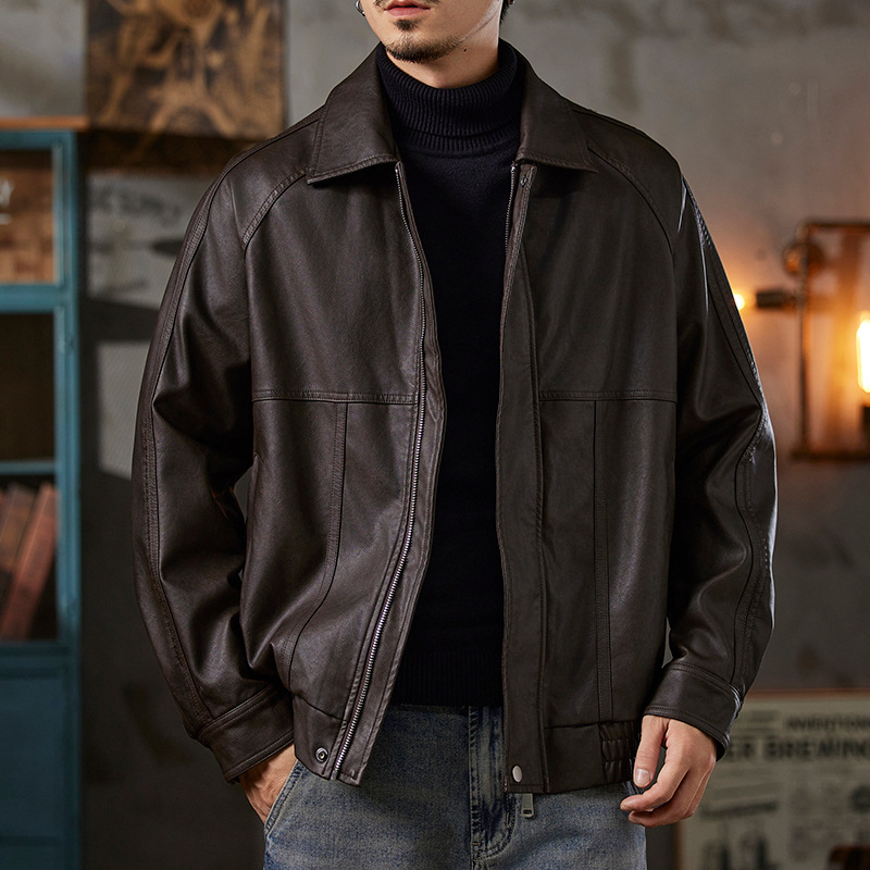 Férfi PU bőrkabát amerikai retro motorkerékpár-stílusban fleece-béléssel, téli meleg, gallér, cipzár, oldalsó zsebek