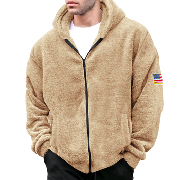 Férfi téli kabát kettős oldalú fleece béléses, kapucnival, cipzárral, zászló jelvénnyel