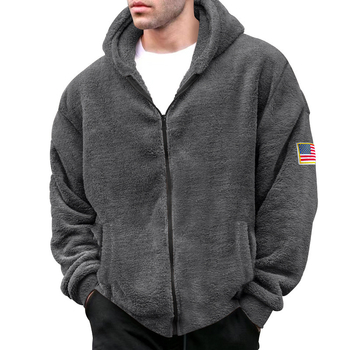 Férfi téli kabát kettős oldalú fleece béléses, kapucnival, cipzárral, zászló jelvénnyel