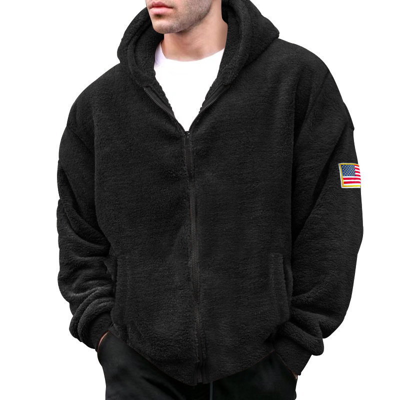 Férfi téli kabát kettős oldalú fleece béléses, kapucnival, cipzárral, zászló jelvénnyel