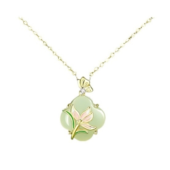 Magnólia virágú négylevelű nyaklánc Hetian jade-dal, nőknek, ezüst 925