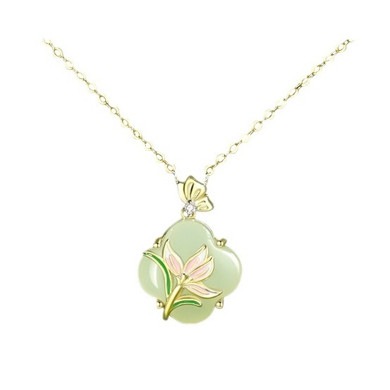 Magnólia virágú négylevelű nyaklánc Hetian jade-dal, nőknek, ezüst 925