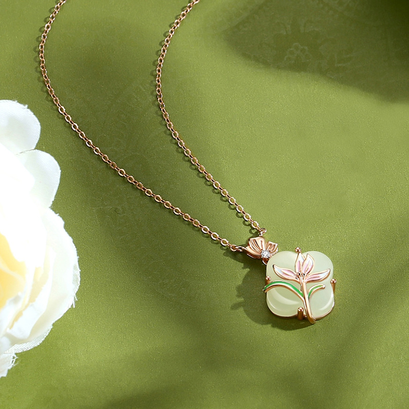 Magnólia virágú négylevelű nyaklánc Hetian jade-dal, nőknek, ezüst 925