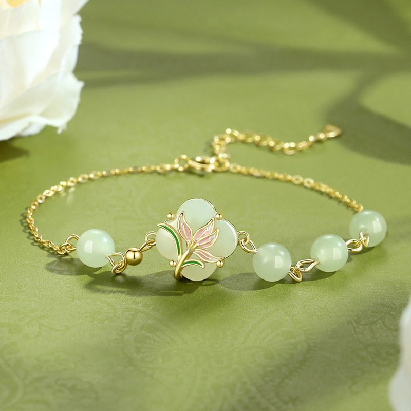 Magnólia virágú négylevelű nyaklánc Hetian jade-dal, nőknek, ezüst 925