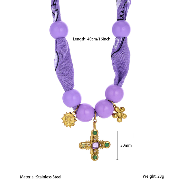 Ogrlica s šalom od svile i privjeskom od nehrđajućeg čelika, ručno izrađene perle, geometrijski dizajn