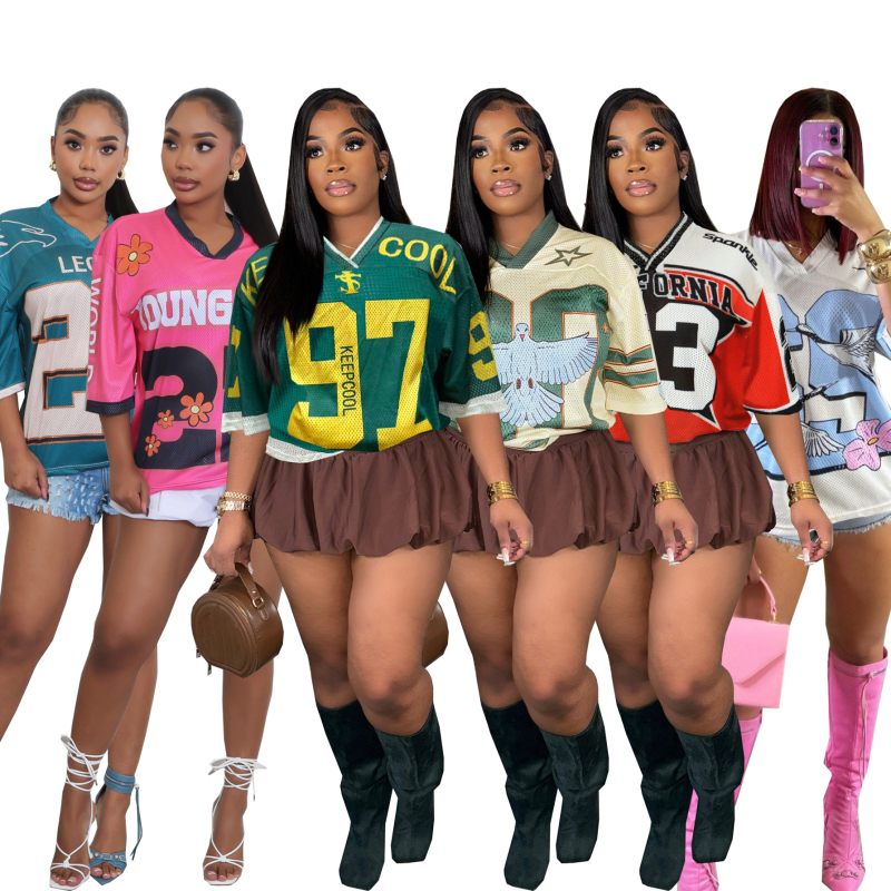TW615 Ljetna retro streetwear majica, slobodan kroj, kontrastne boje, kratki rukavi, V‑izrez, srednja duljina