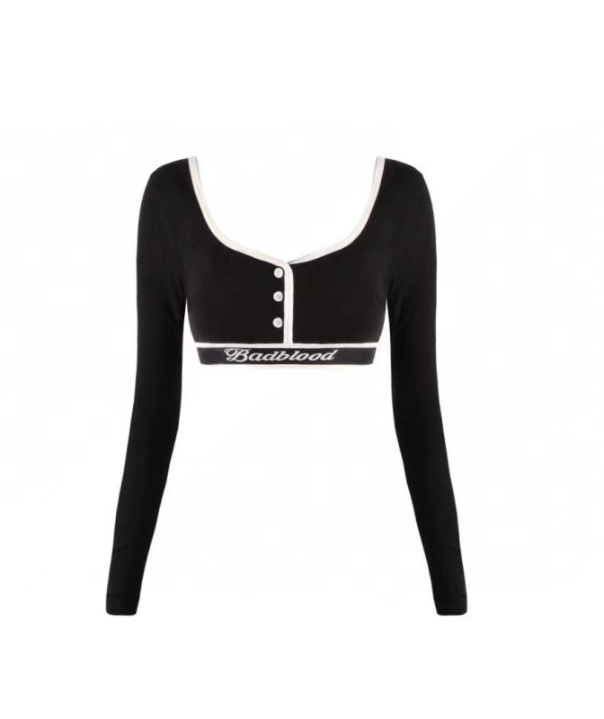 Korejska serija Badblood BCAC, cropped dugi rukav ženski T‑shirt, uski kroj, U izrez, vezeni, pamuk