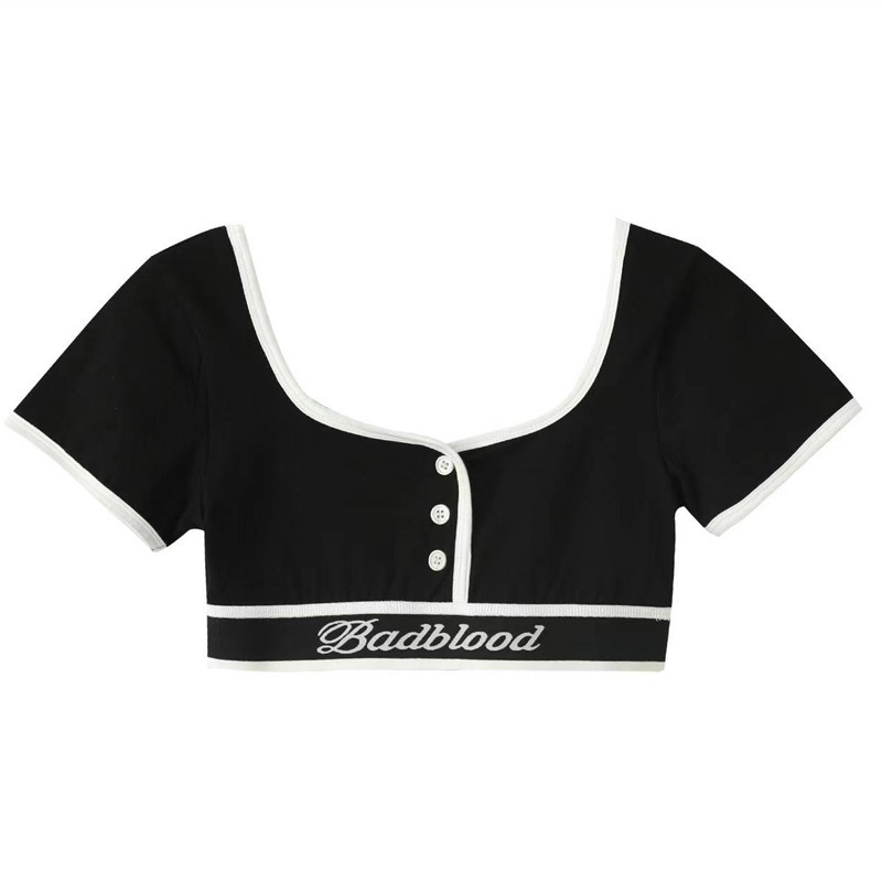 Korejska serija Badblood BCAC, cropped dugi rukav ženski T‑shirt, uski kroj, U izrez, vezeni, pamuk