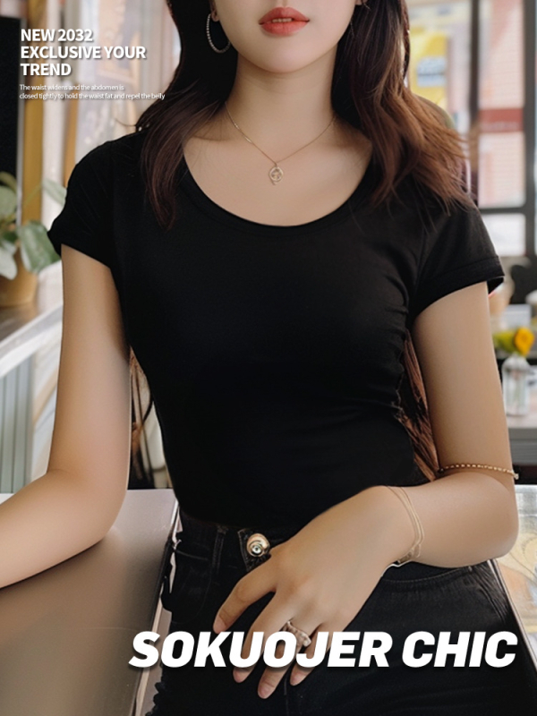 Ženski T‑shirt od ice-silk tkanine s reljefnom ribastom teksturom, U‑dekolte, kratki rukavi, ljeto, uski kroj, visoka elastičnost
