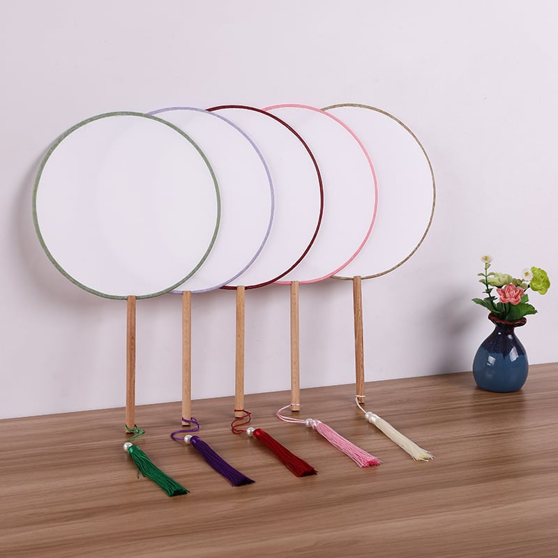 Satenasti okrugli ručni fan za DIY s naljepnicama, Hanfu dvorac stil