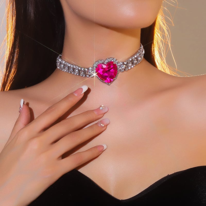 Colier choker cu inimă din cristale, stil retro luxos, inspirație europeană-americană