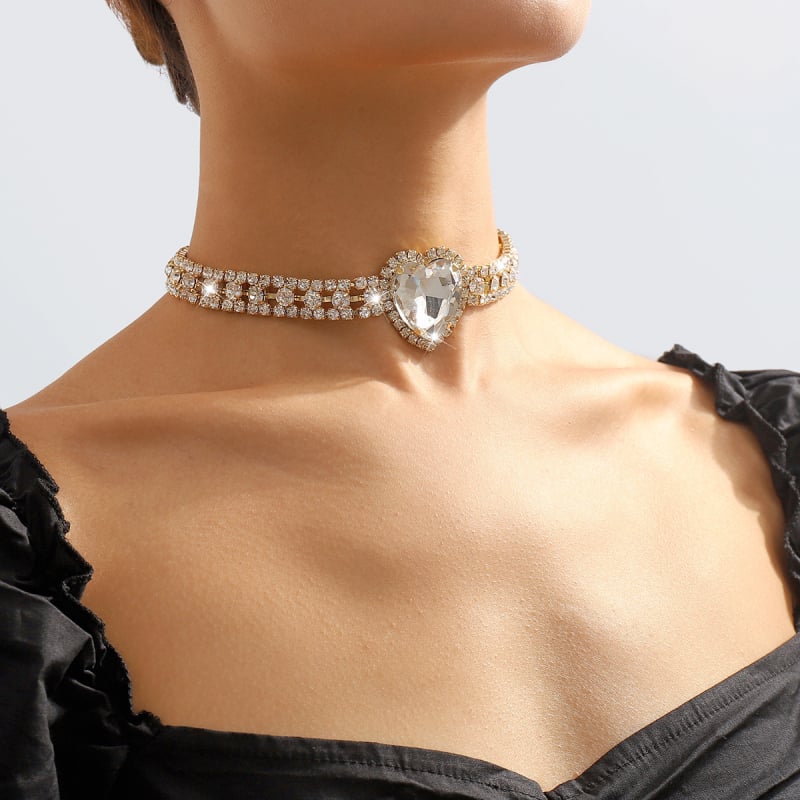 Colier choker cu inimă din cristale, stil retro luxos, inspirație europeană-americană
