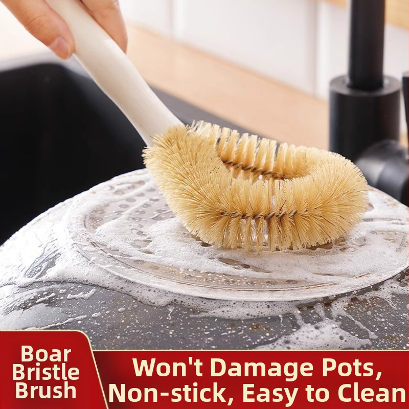 Četka za posuđe s dugom drškom i svinjskim dlačicama, kućna upotreba, može se objesiti za pohranu, sigurna za non-stick posuđe
