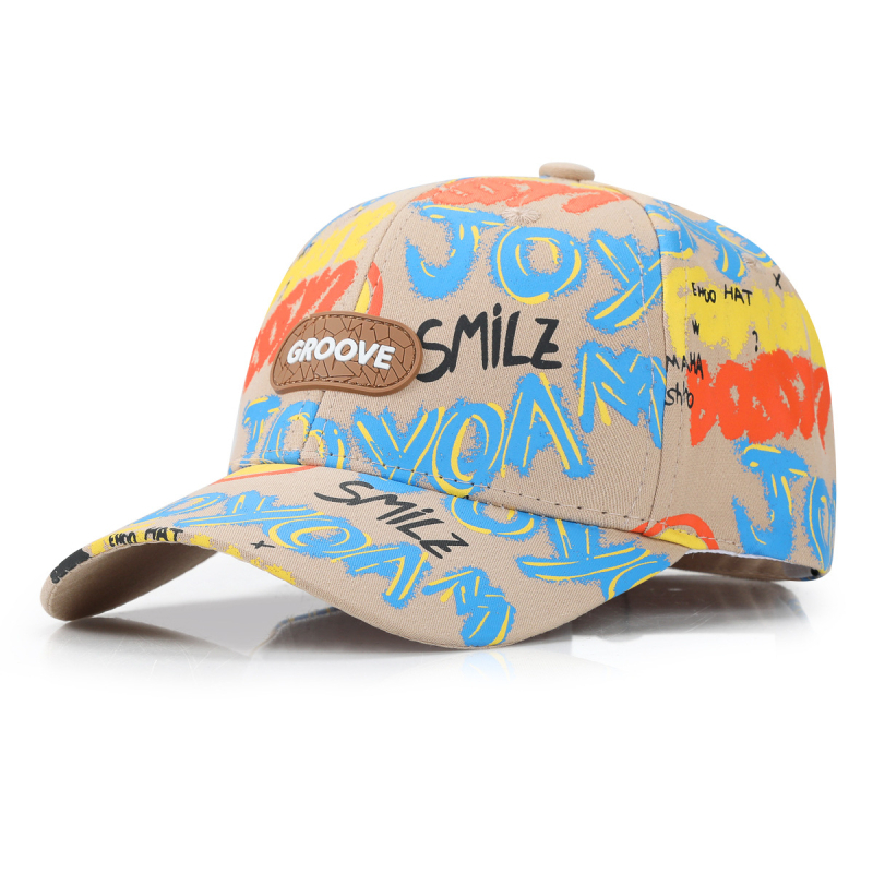 Dječja baseball kapa s graffiti uličnog stila, kožna zakrpa, otisak SMILE, zakrivljeni obod, proljeće–jesen, za vanjsku upotrebu