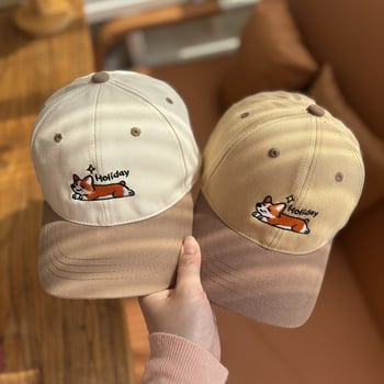 Dječja pamukasta kapa za baseball, unisex, s cartoon izvezenim corgi psom, zaštita od sunca, zaobljena kruna, zakrivljeni rub, mogućnost logotipa