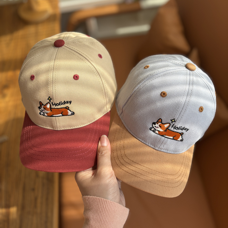 Dječja pamukasta kapa za baseball, unisex, s cartoon izvezenim corgi psom, zaštita od sunca, zaobljena kruna, zakrivljeni rub, mogućnost logotipa